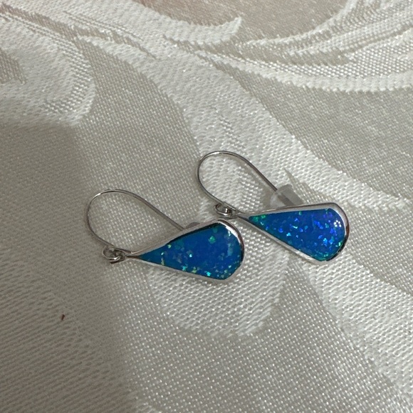 Sterling Silver Blue Opal Inlay Teardrop Dangle Earrings Blue Teardrop 4366 B - Picture 7 of 7